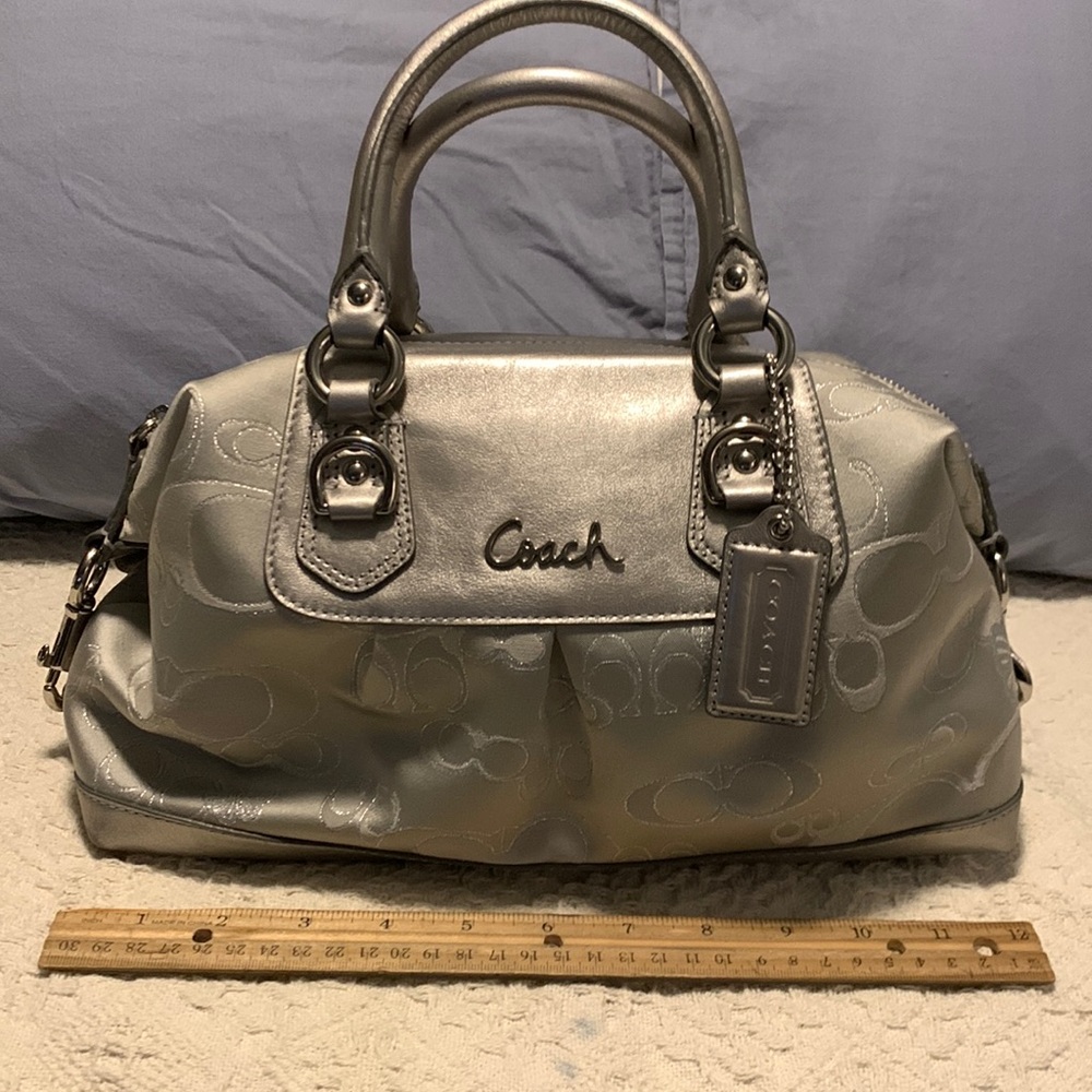 Coach silver fabric and leather convertible handbag shoulder bag